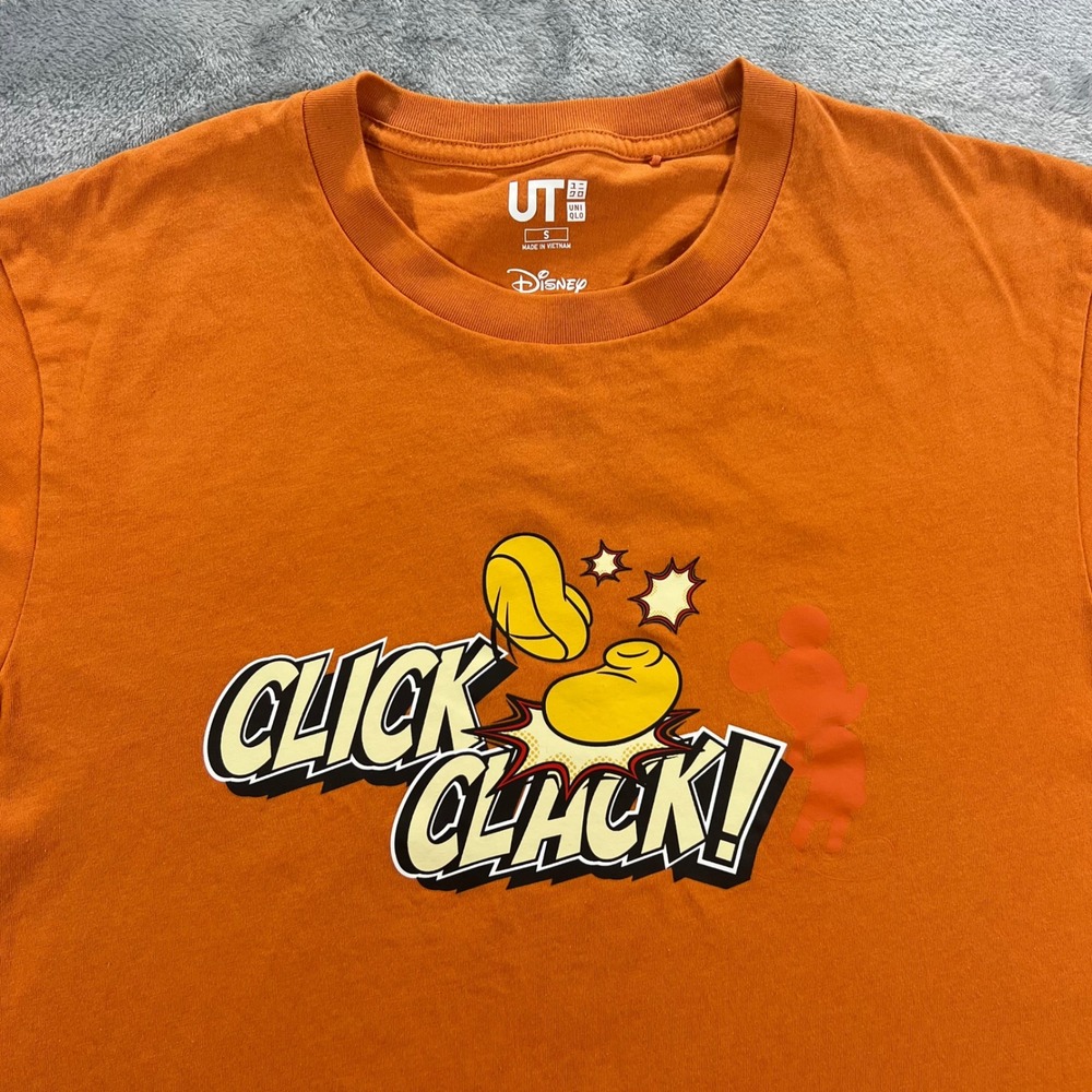 Uniqlo UT‎ x Disney Mickey Mouse Shirt Small Orange Casual Click Clack Graphic
